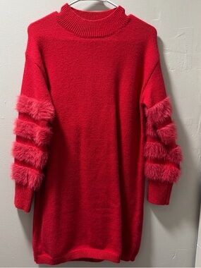 SHEIN Red Fuzzy-Trim Turtleneck Sweater Dress